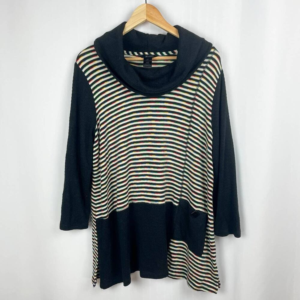 Ali Miles Tunic Sweater Size L Black Rainbow Multi Striped Cowl‎ Neck Pullover - Picture 11 of 11